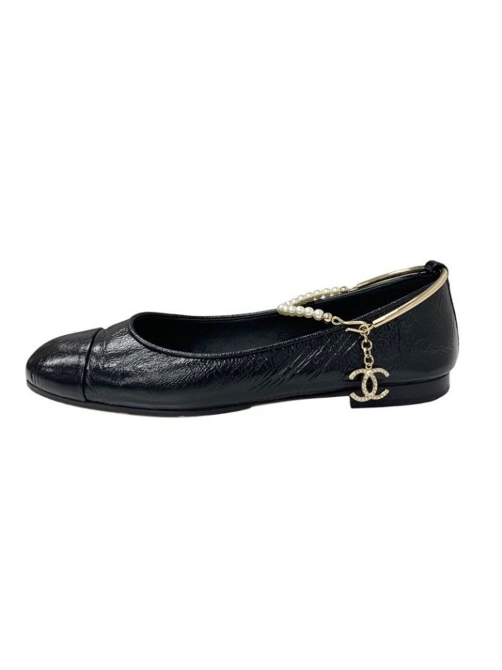Chanel Flat Shoes Leather Black Gold Ballet Ballerina Coco Mark Pearl - Picture 3 of 10